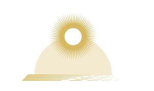 Illustration of sun rising over water in gold