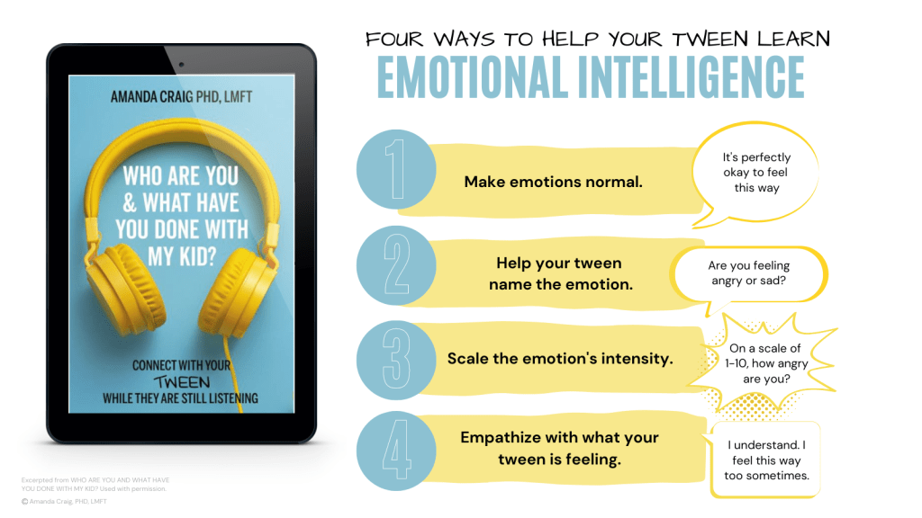 Infographic describing 4 ways to help your tween learn emotional intelligence