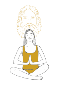 Illustration of a woman sitting cross-legged with her hands together and upward in meditation. A faint outline of a man's face with full hair, beard, and mustache is visible above and behind the woman.