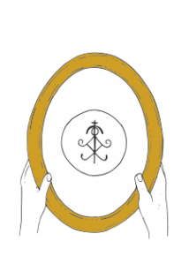 An illustration of a sigil for the phrase "Show the Below" engraved in a round frame held by two hands