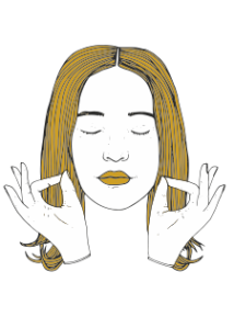 An illustration of a woman's face with eyes closed in meditation, as she holds two hands up to her face, with the tips of her thumbs and middle fingers touching, and other fingers extended