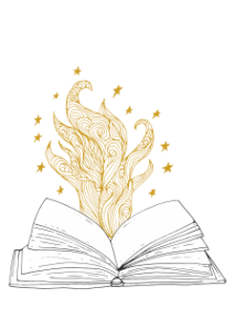 An illustration of an open book with an activated spell above it. The activated spell is depicted as a magical flame surrounded by small stars.