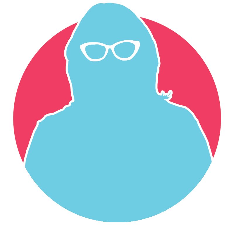 Silhouette of Becky in blue with white glasses on a pink background