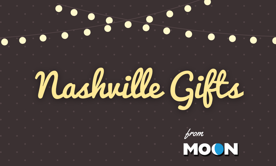 A dark brown background with illustrations of hanging string lights and text reading Nashville Gifts from Moon