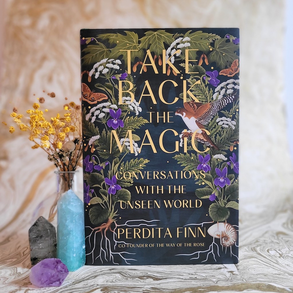 Photo of "Take Back the Magic" standing next to three different crystals and a small vase of yellow flowers, against a gold marbled background