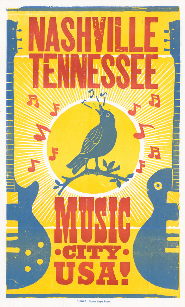 Three-color yellow, blue, and red letterpress poster with text "Nashville Tennessee Music City USA" and images of guitars and a singing bluebird in the center
