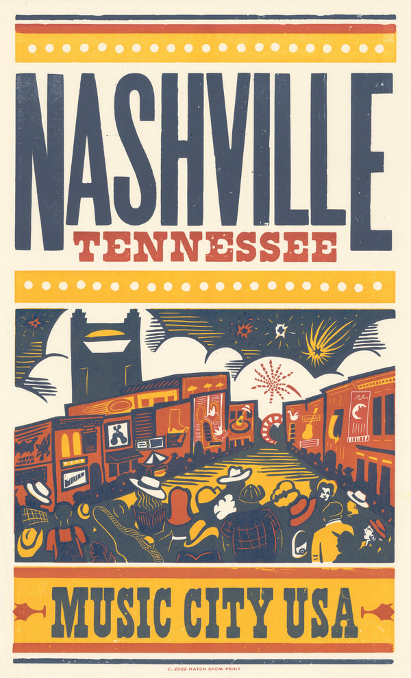 Blue, yellow, red, and orange letterpress poster with text "Nashville Tennessee Music City USA" and old-fashioned artwork of people walking down a lively city street