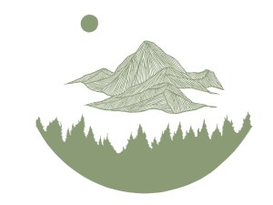 Cut-paper art of the moon over mountains, circled from below by the tops of forest trees, rendered in green. The art is featured on the Place Remedy cards of the Resilience Alchemy deck.