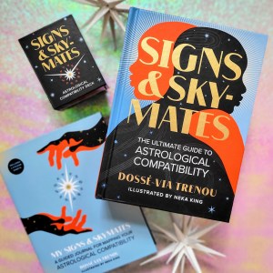 Lifestyle photo of the "Signs & Skymates" suite. All three products are laid above cards from the "Signs & Skymates Astrological Compatibility Deck"