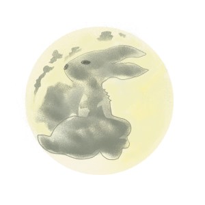 Illustration of a cloud in the shape of a rabbit over a golden moon