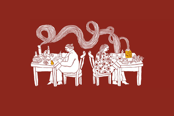 Illustration of two women sitting at tables with a swirl of air connecting a their tables - one set with scientific gear and the other with tea - on a red background.