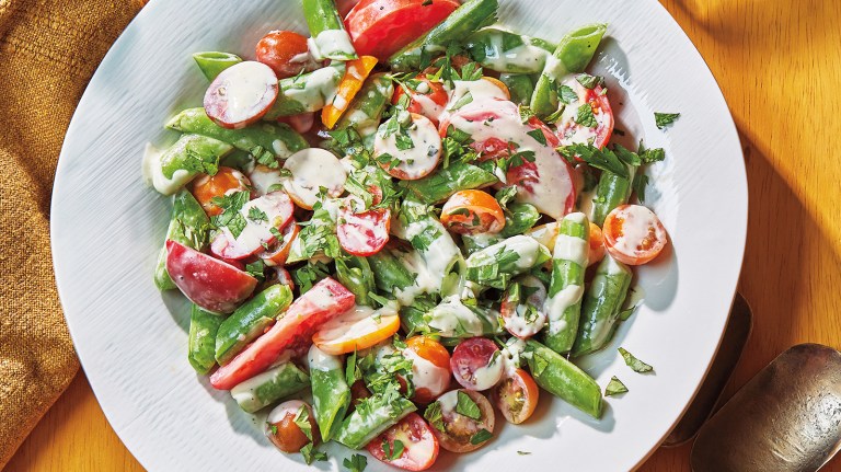 Sugar Snap Peas with High-Summer Tomatoes, Herbs, and Tahini