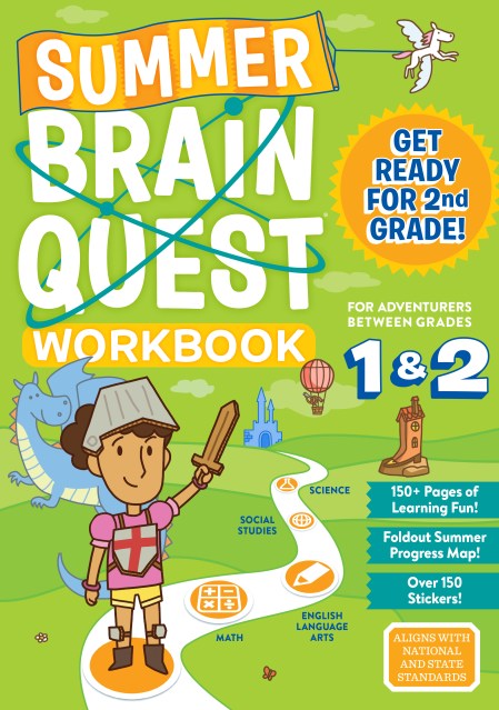 Summer Brain Quest 1&2 workbook cover with illustrated girl wearing a knight costume in front of a dragon