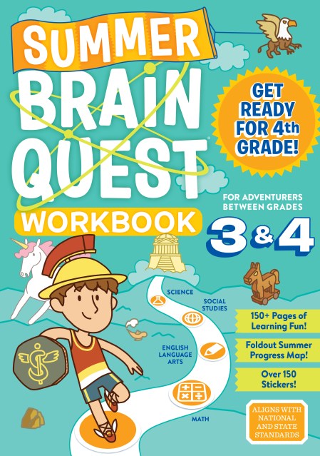 Summer Brain Quest 3&4 workbook cover with illustrated boy wearing a Roman knight costume standing in front of a unicorn