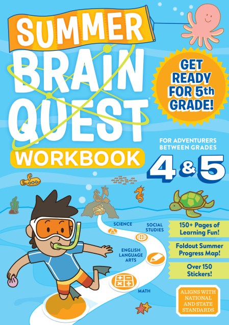 Summer Brain Quest 4&5 workbook cover with illustrated boy wearing a snorkel and swimming underwater
