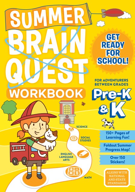 Summer Brain Quest PreK&K workbook cover with illustrated girl wearing a fire truck costume holding a cat