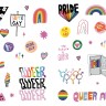 Interior spread from "The Big Book of Queer Stickers" showing stickers featuring a variety of queer slogans and declarations