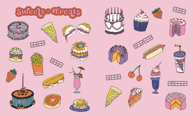 Interior spread from "The Big Book of Queer Stickers" showing stickers featuring a variety of sweet treats
