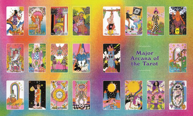 Interior spread from "The Big Book of Queer Stickers" showing stickers featuring designs from the Major Arcana cards of "Queer Tarot"