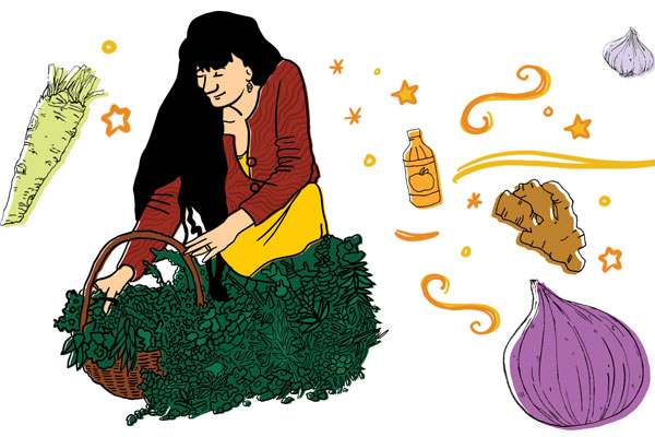 Illustration of Rosemary Gladstar by Ash Austin, based on a photograph © Jason Houston; stars and swirls by Ash Austin; vegetable and vinegar bottle illustrations © Chelsea Granger, excerpted from Fire Cider!