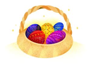 Illustration of a basket of colorful decorated eggs, from Ritual by Nikki Van De Car, illustrated by Bárbara Tamilin