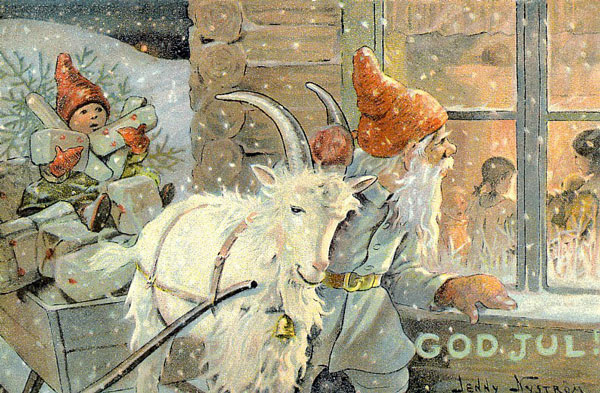 Winter illustration of a man with a goat.