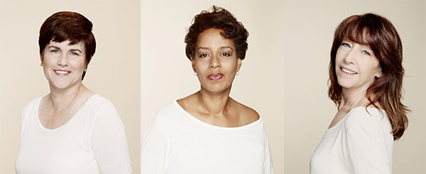 Three photos of women in white shirts.