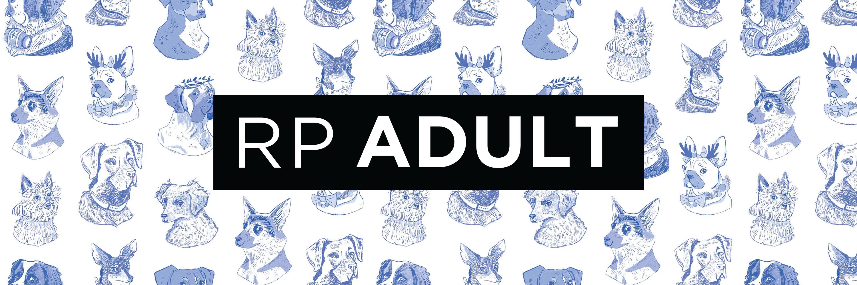 Designed banner reading "RP Adult" over illustrations of various dogs