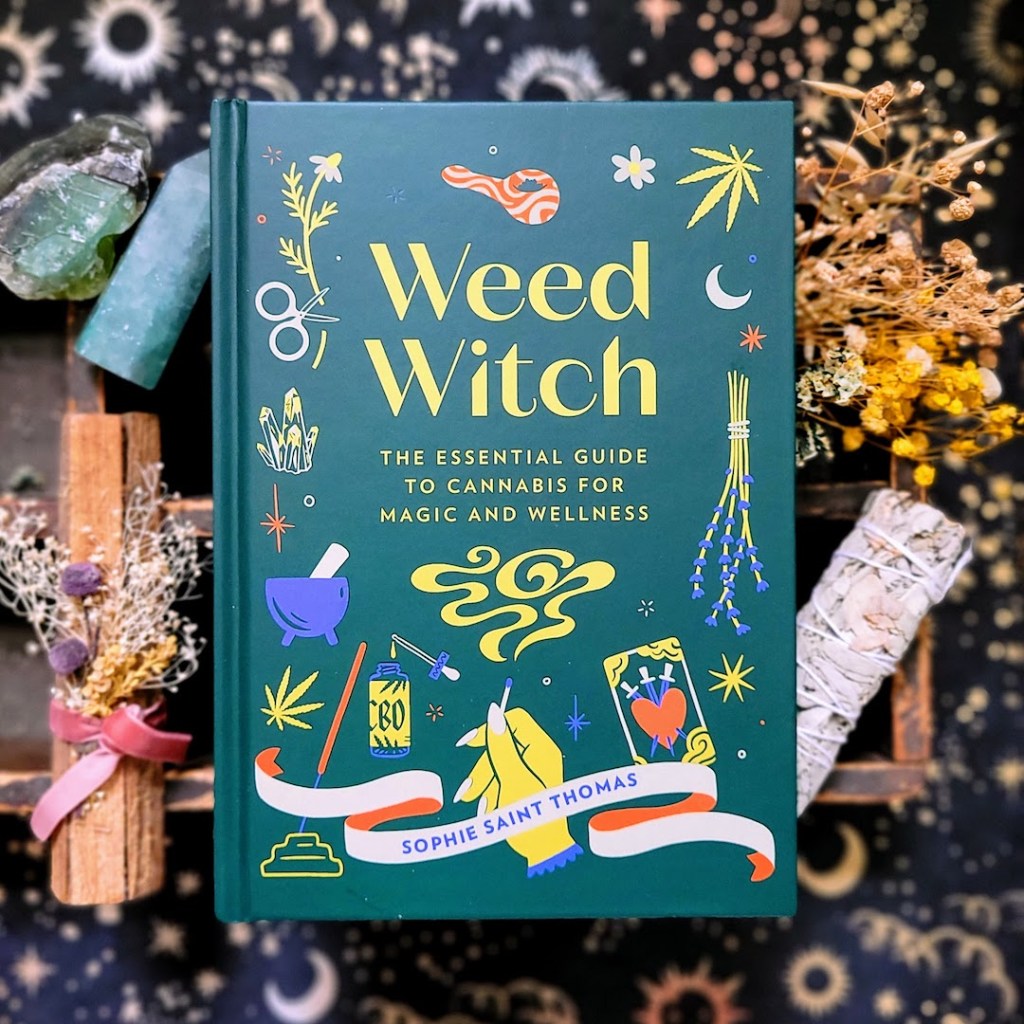 Photo of "Weed Witch" laid above bundles of incense, crystals, and flowers
