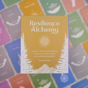 Photo of the "Resilience Alchemy" box laid above face-up cards from the deck.