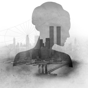 Line drawing of a woman's silhouette against the Brooklyn Bridge and the Manhattan skyline