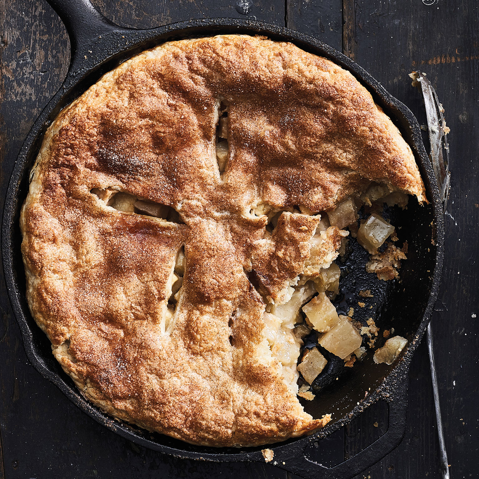 Photo of a cast-iron-skillet diced-apple pie.