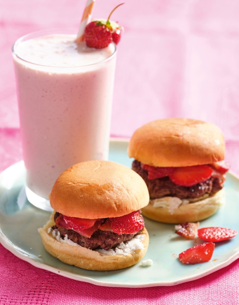 Photo of sweet hamburger sliders on a plate with a strawberry milkshake.
