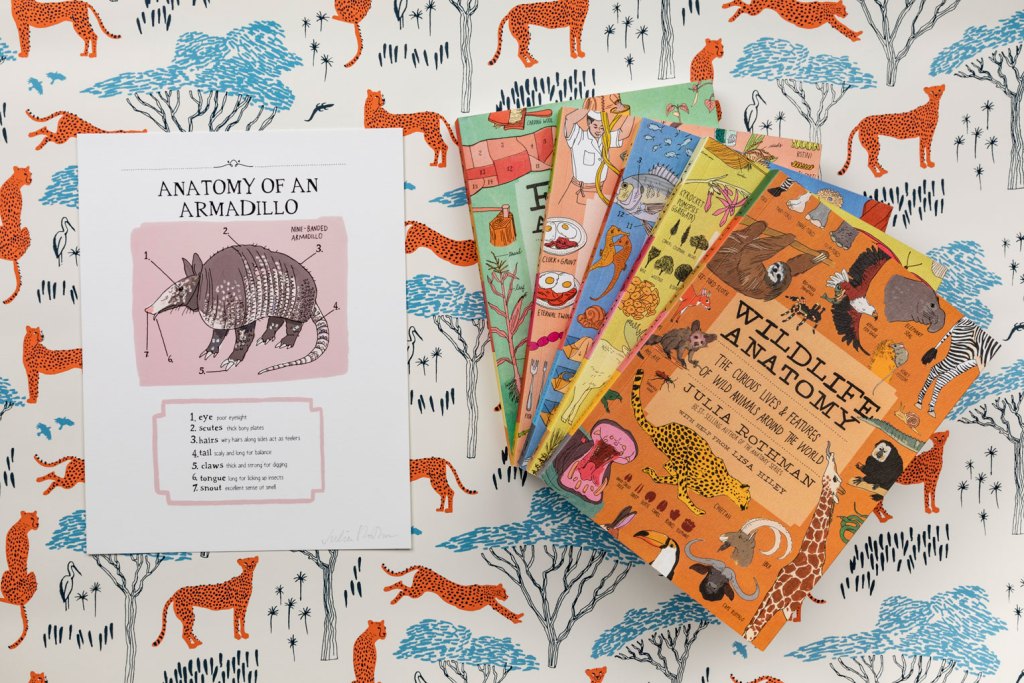Photo of Farm Anatomy, Food Anatomy, Ocean Anatomy, Nature Anatomy, and Wildlife Anatomy books on Julia Rothman's wallpaper next to an "Anatomy of an Armadillo" print.