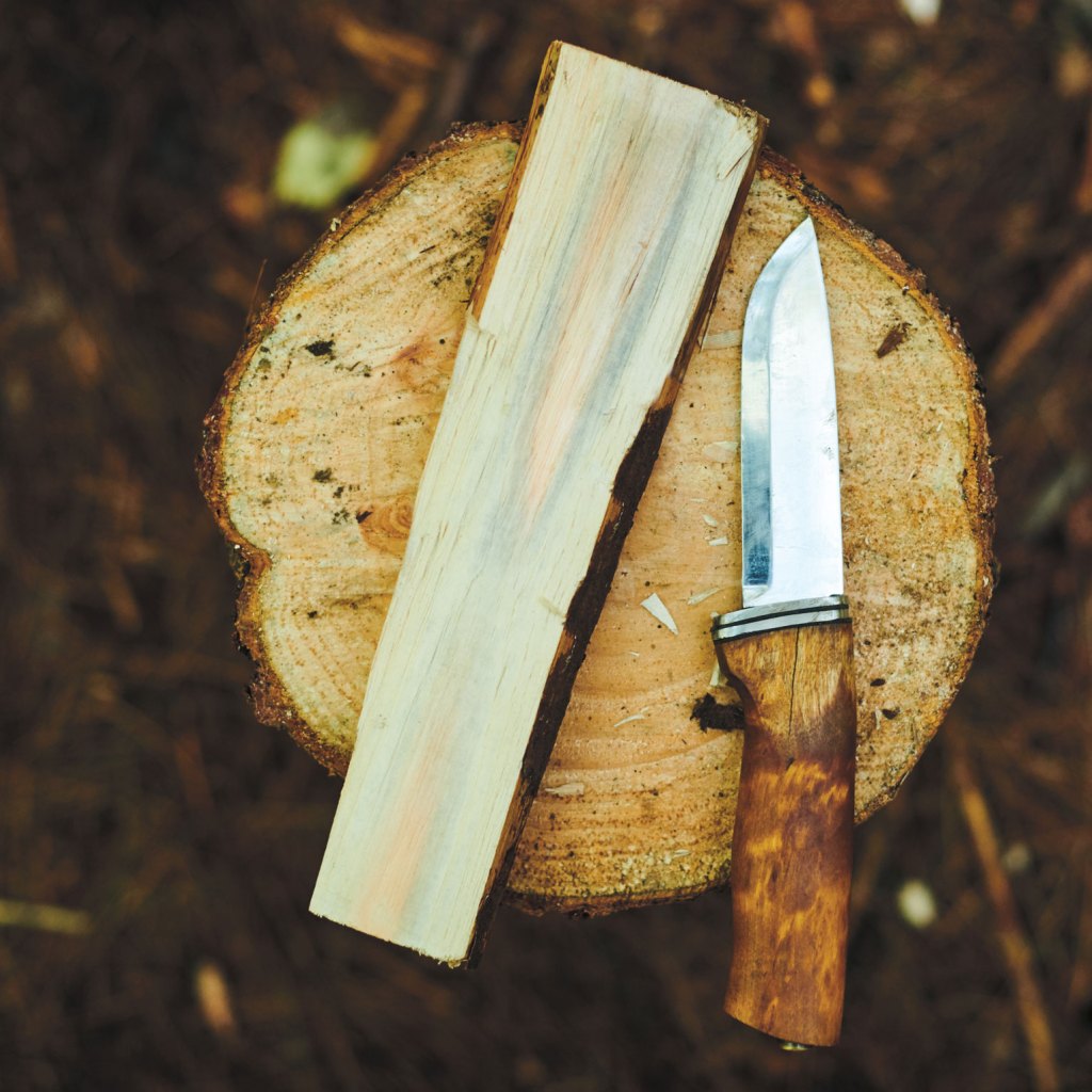 Photo of piece of wood and knife on log.