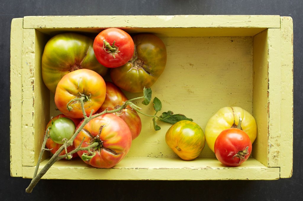 Photo of tomatoes in a yellow box.