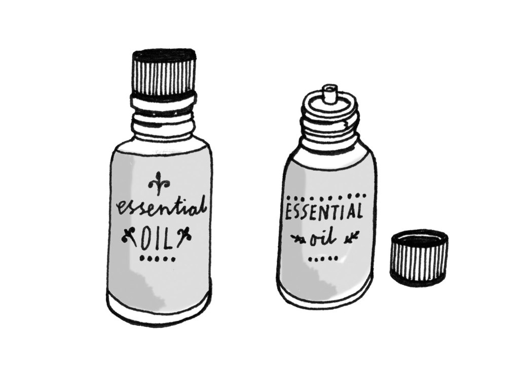 Black and white illustration of essential oil bottles.