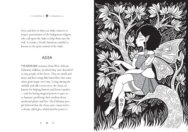 Interior spread from "The Little Encyclopedia of Fairies" showing the entry for Aziza, with an accompanying illustration.