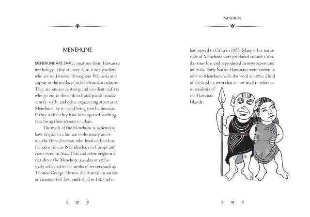 Interior spread from "The Little Encyclopedia of Fairies" showing the entry for Menehune, with an accompanying illustration.