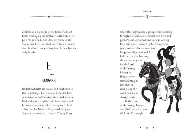 Interior spread from "The Little Encyclopedia of Mythical Horses" showing the entry for Embarr, with an accompanying illustration.