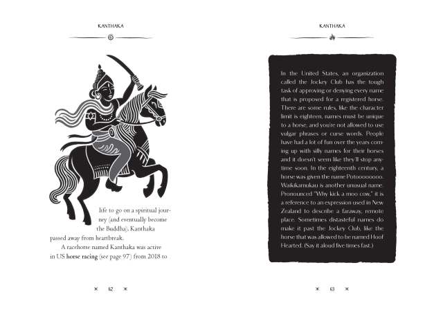 Interior spread from "The Little Encyclopedia of Mythical Horses" showing the continuation of the entry for Kanthaka, with an accompanying illustration and a sidebar on the Jockey Club.