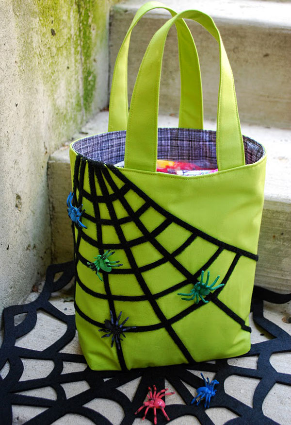 A trick-or-treat bag that Kathy made for Elise, complete with sticky spiderwebs and spiders that move.