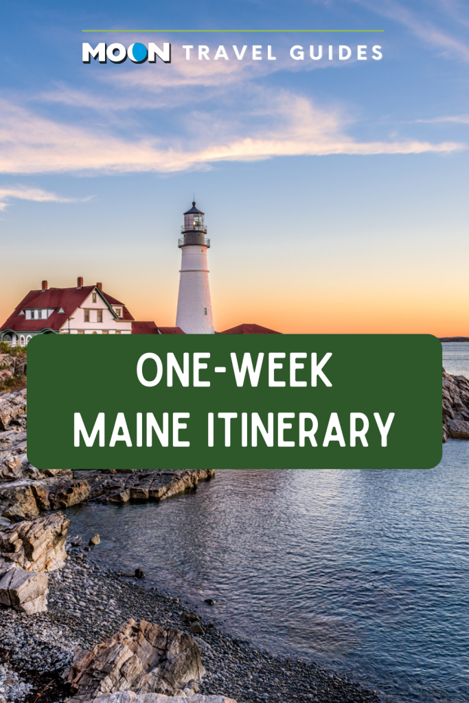 Image of lighthouse at sunset with text One-Week Maine Itinerary