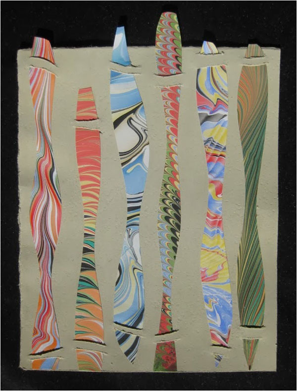 Handmade clay paper by Christine Higgins woven with Steve Pittelkow’s hand-marbled paper