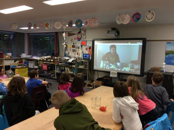 Kirsten Shockey Skypes with fourth graders in Alaska.