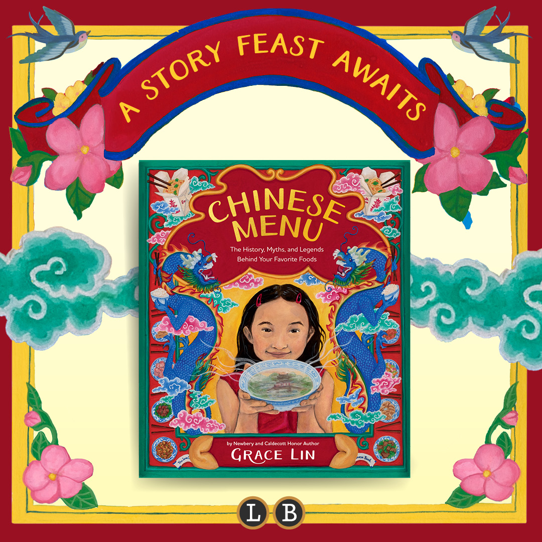 Graphic showing book cover of Chinese Menu by Grace Lin. Text reads: "A story feast awaits." 
