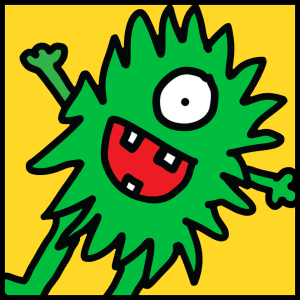 Todd Parr illustration of a fuzzy green monster from the Mac and Cheese Party book