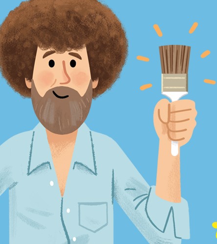 Illustrated image of Bob Ross holding up a paint brush