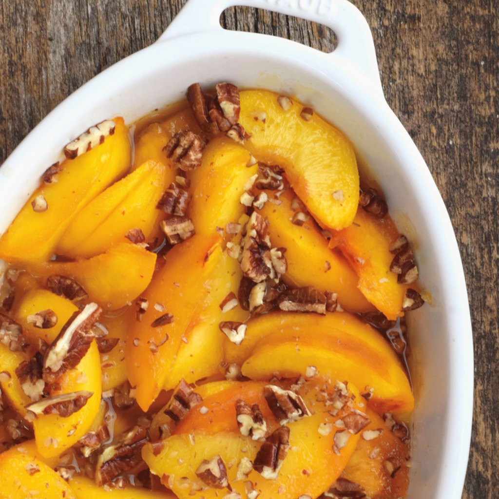 A photo of Sweet Bourbon Baked Peaches.