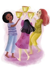 Illustration from "The Junior Tarot Reader's Handbook" showing three young girls standing in a circle holding decorative cups